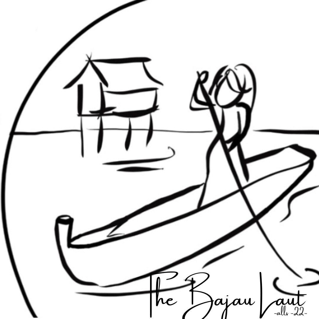 Ink drawing of a Bajau Laut woman rowing past a stilted house
