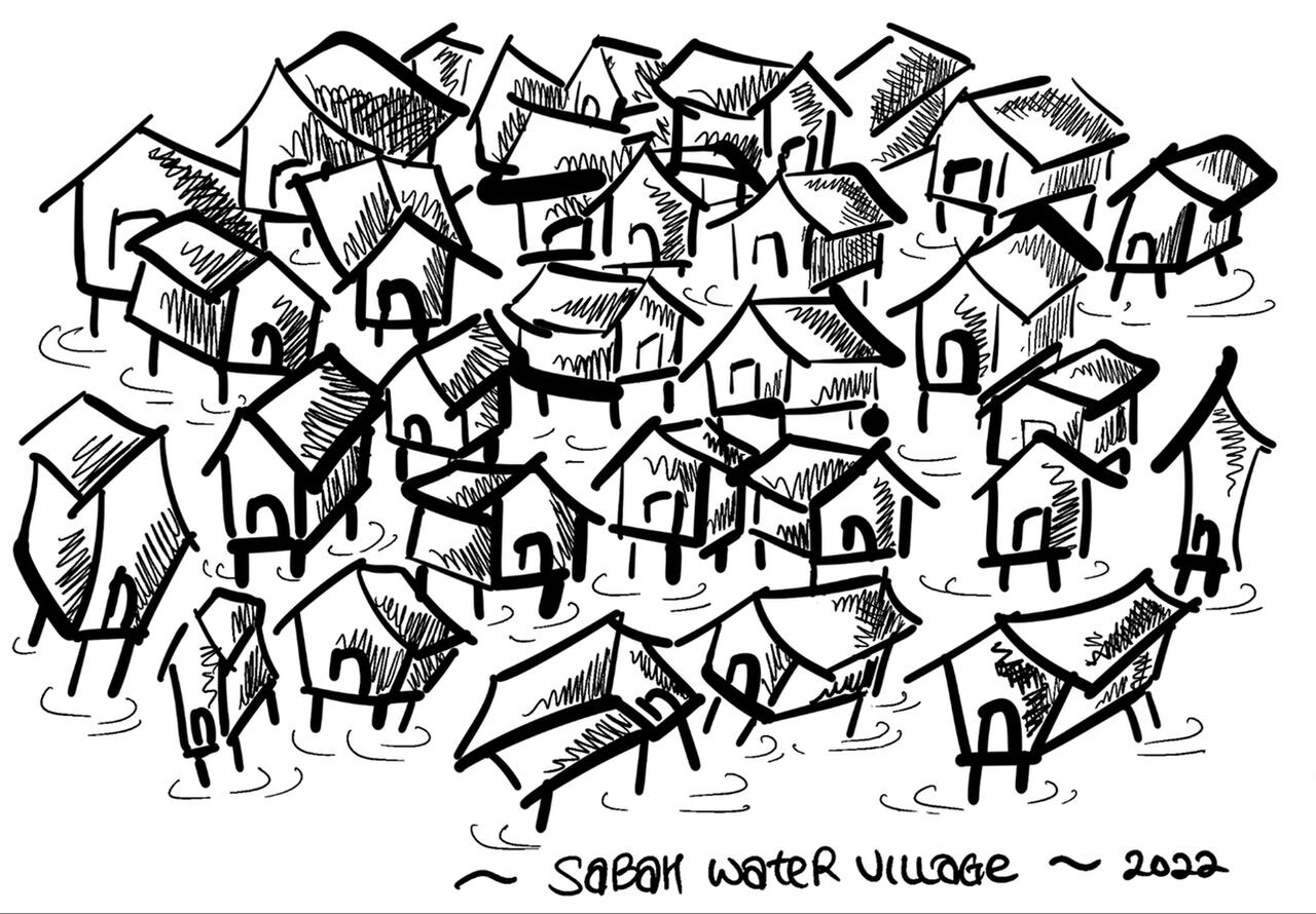 Ink drawing of a Sabah water village — stilted houses above the tide